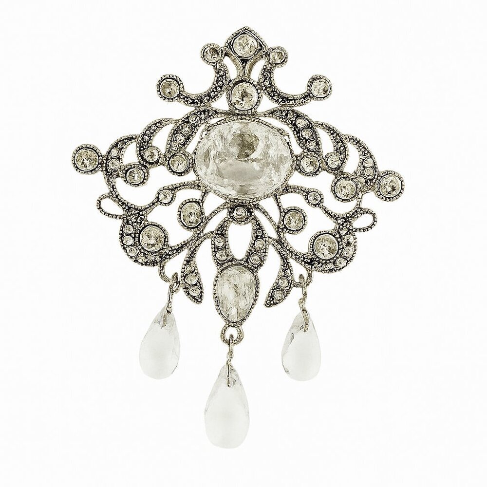 Vintage Monet Clear Crystal Teardrop Silver Victorian Brooch